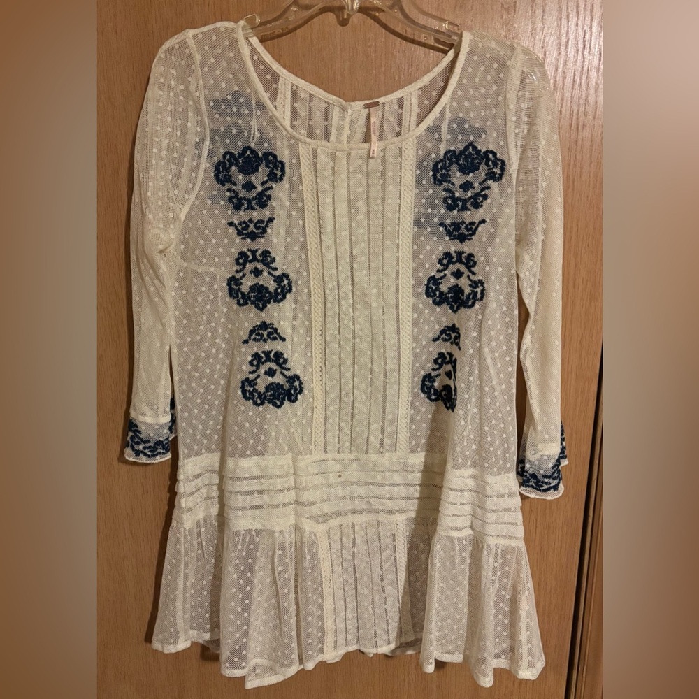 Free People Cream Sheer Swiss Dot Tunic with Navy Embroidery